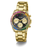 Gold-tone Guess wristwatch with a rainbow-colored bezel, gold-tone metal link bracelet, and a black dial with three subdials.