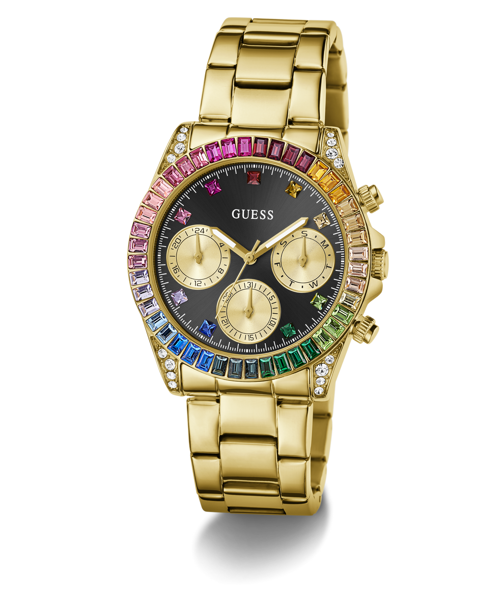 Gold-tone Guess wristwatch with a rainbow-colored bezel, gold-tone metal link bracelet, and a black dial with three subdials.