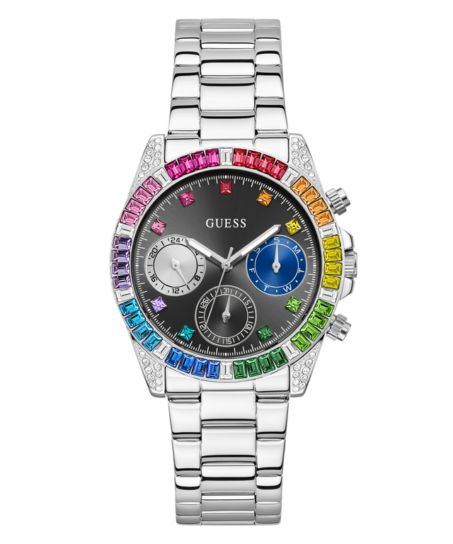 A GUESS women's chronograph watch featuring a silver stainless steel link bracelet, a dark gray dial with silver sub-dials, and a bezel accented with vibrant rainbow-colored crystals.