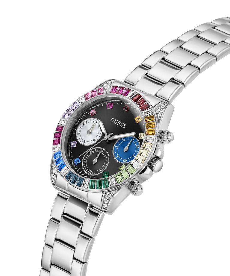 A silver stainless steel wristwatch with a colorful bezel featuring rainbow-colored gemstones, a black dial with multiple subdials, and a matching silver link bracelet, shown on a plain white background. lifestyle
