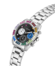 A silver stainless steel wristwatch with a colorful bezel featuring rainbow-colored gemstones, a black dial with multiple subdials, and a matching silver link bracelet, shown on a plain white background. lifestyle