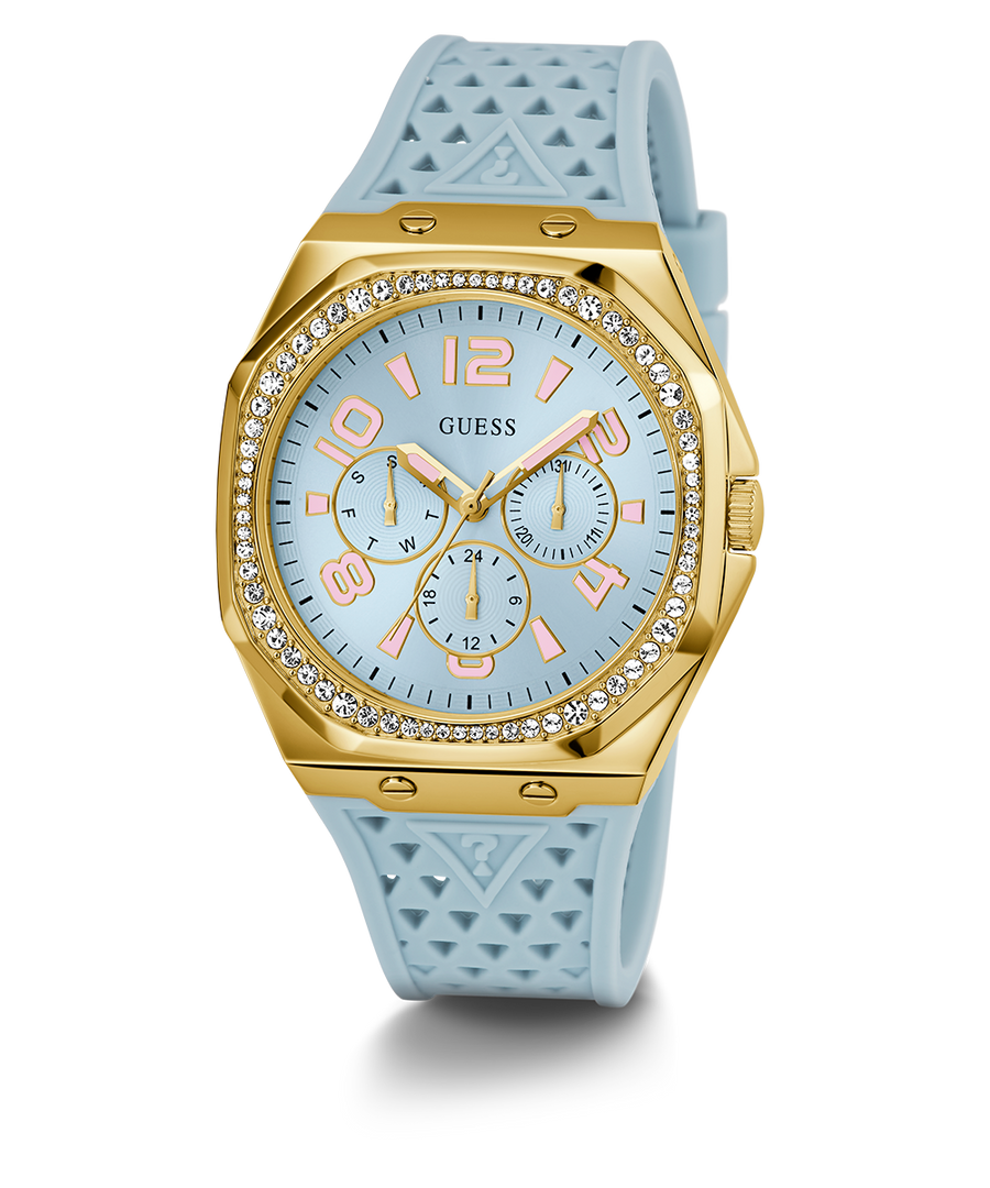 GW0694L1 GUESS Ladies Light Blue Gold Tone Multi-function Watch angle