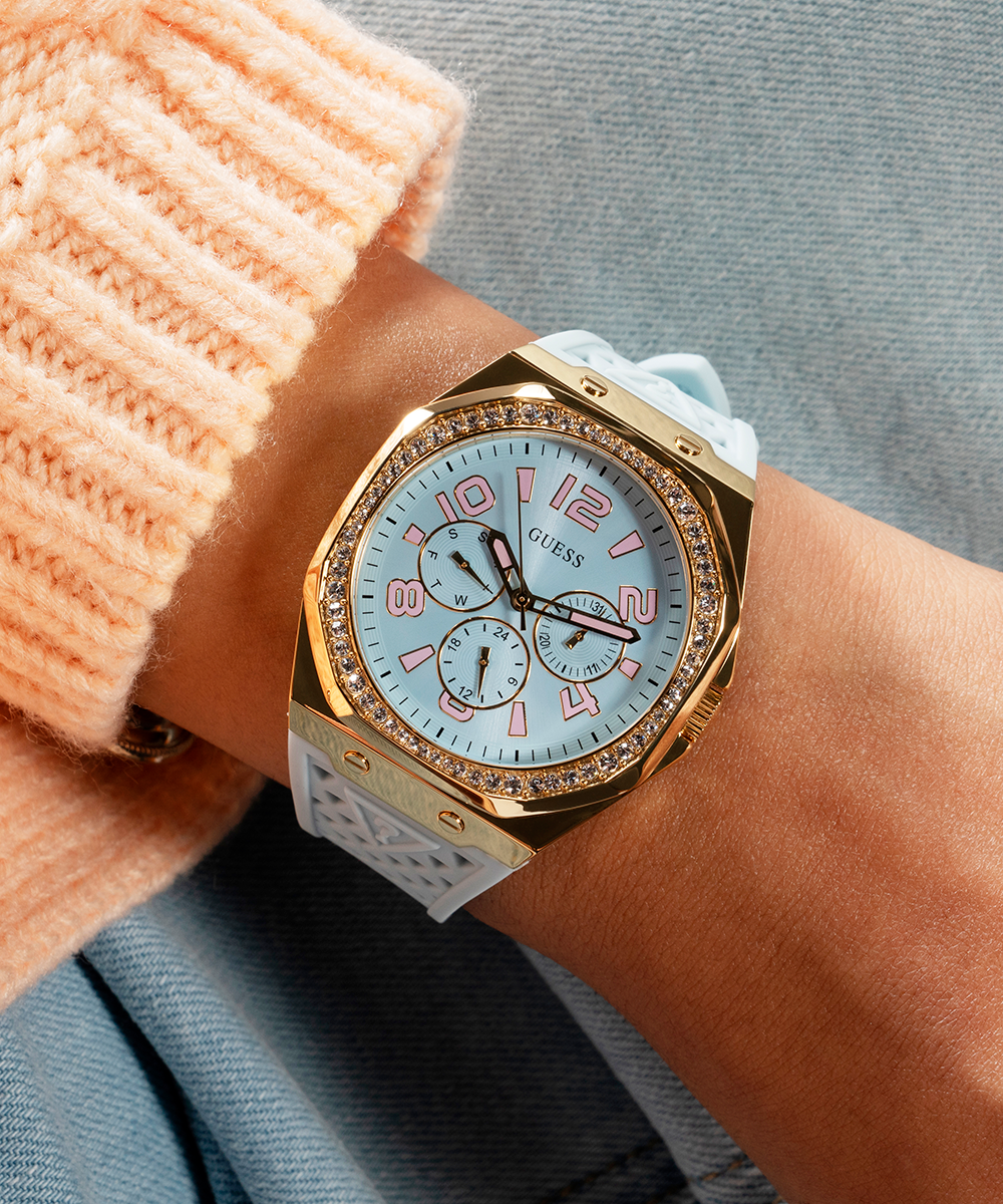 GUESS Damenuhr GW0694L1 – Blaues Silikonarmband, Edelstahlgehäuse 38 Mm, Wasserdicht 3 ATM