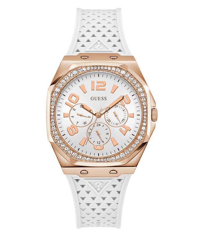 GUESS Ladies White Rose Gold Tone Multi-function Watch