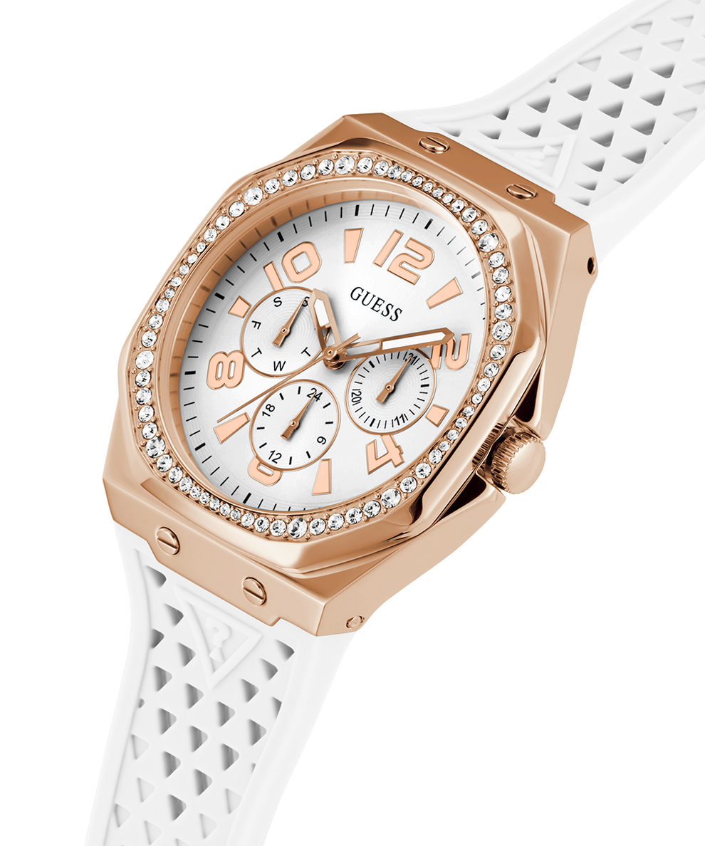 GUESS Ladies White Rose Gold Tone Multi-function Watch lifestyle angle