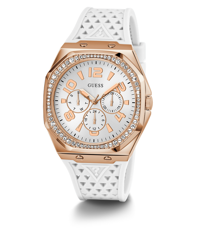 GW0694L3 GUESS Ladies White Rose Gold Tone Multi-function Watch angle