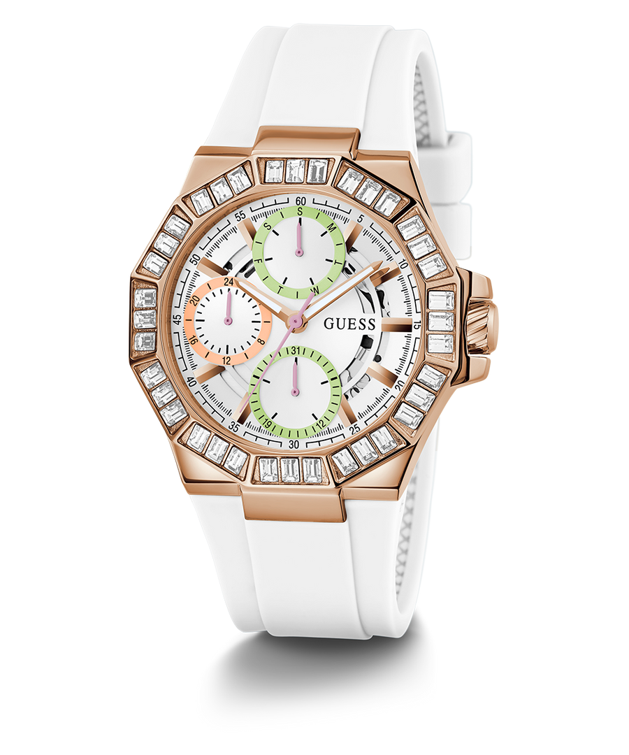 GW0695L3 GUESS Ladies White Rose Gold Tone Multi-function Watch angle