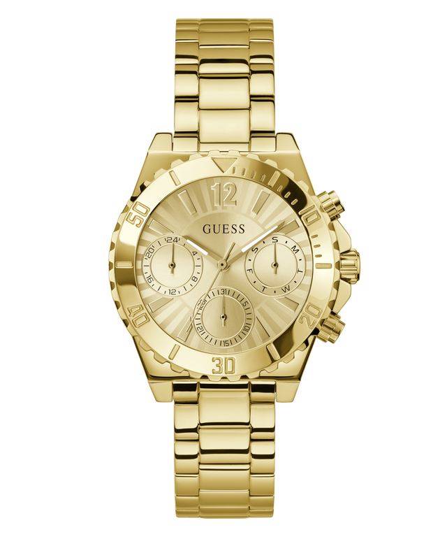Gold watch with Guess logo on a white background