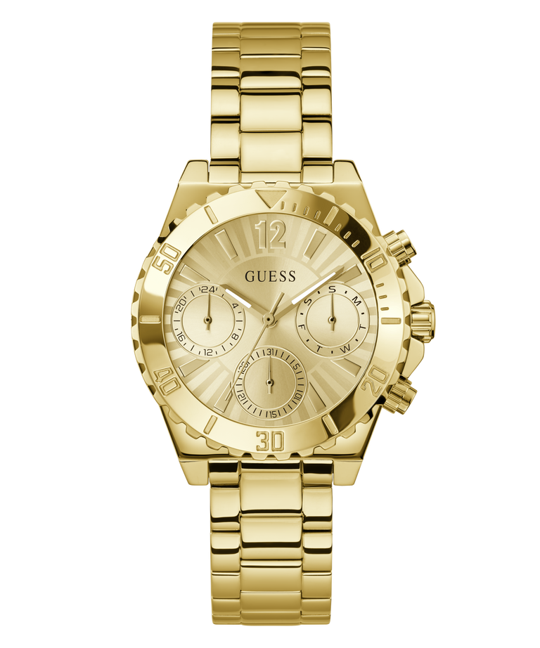 Gold watch with Guess logo on a white background