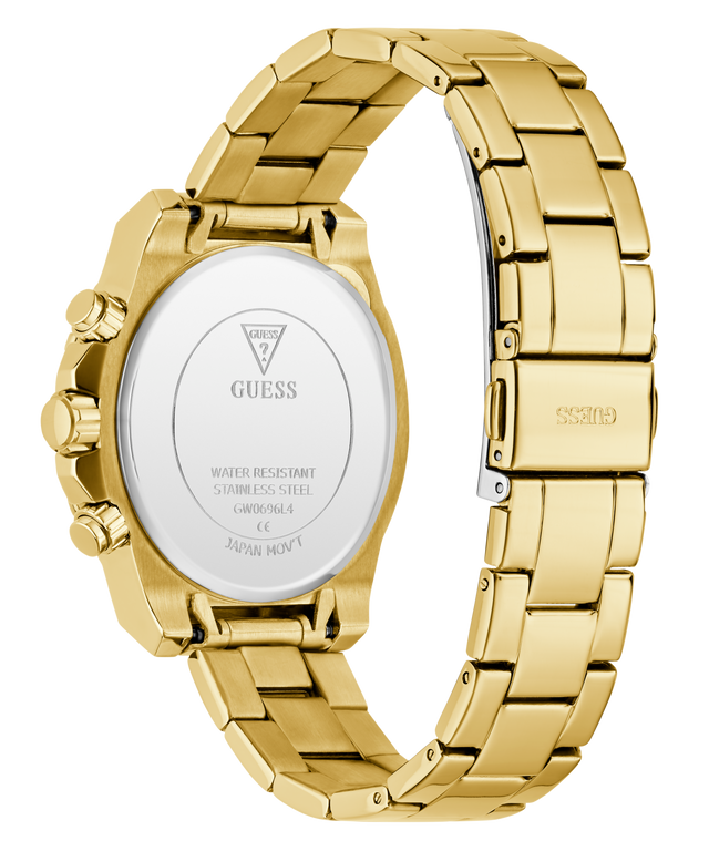 Gold watch with a visible brand logo on a white background