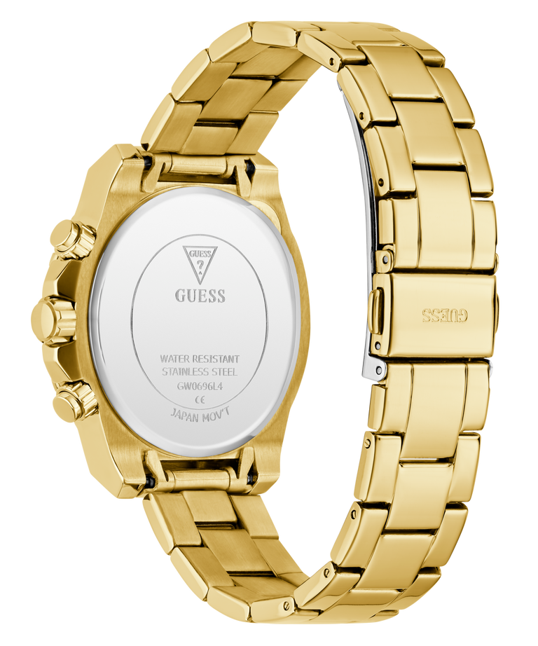 Gold watch with a visible brand logo on a white background
