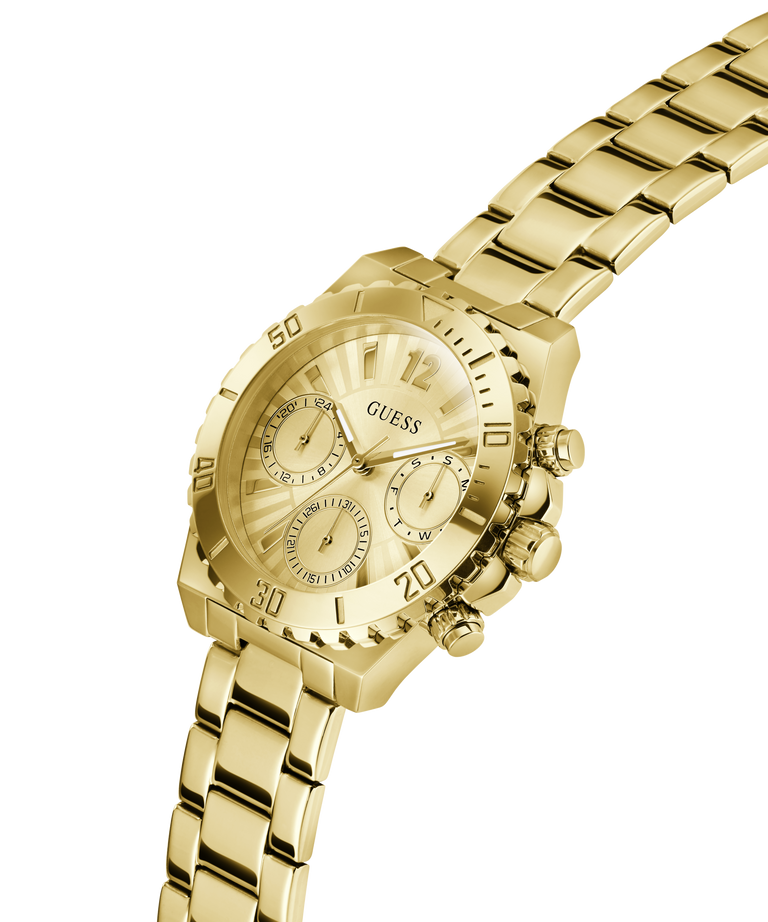 Gold watch with a detailed face on a white background lifestyle