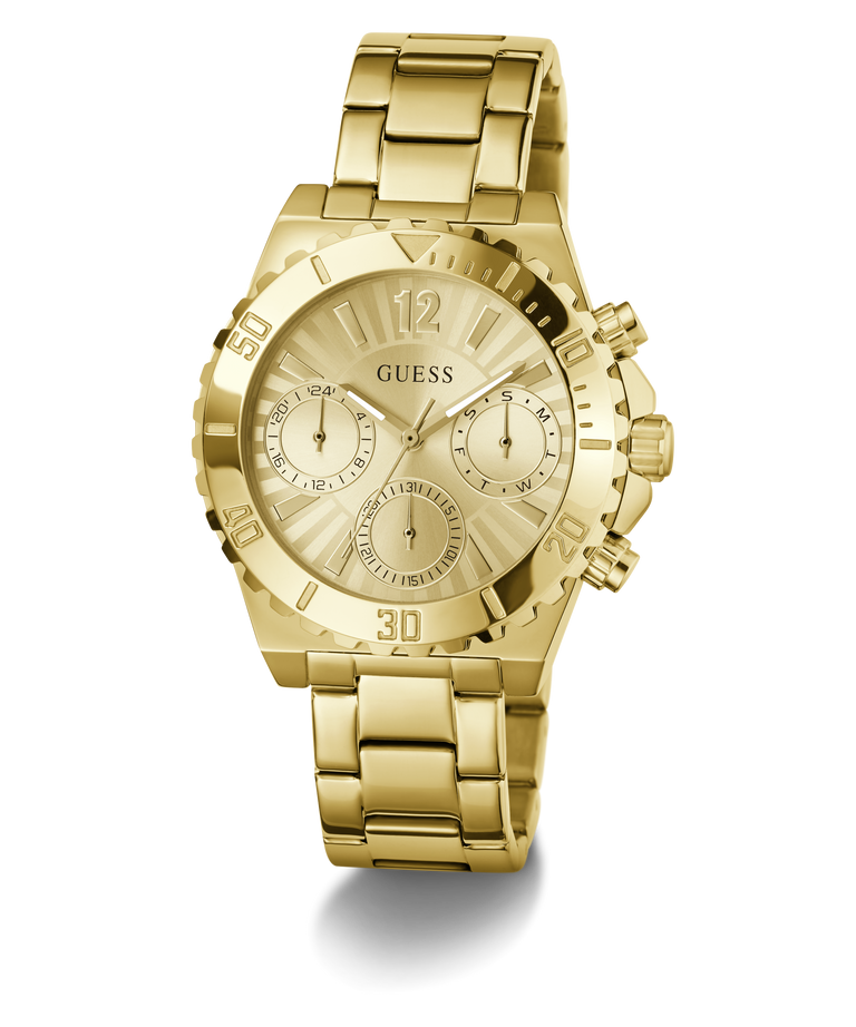Gold watch with Guess logo on a white background