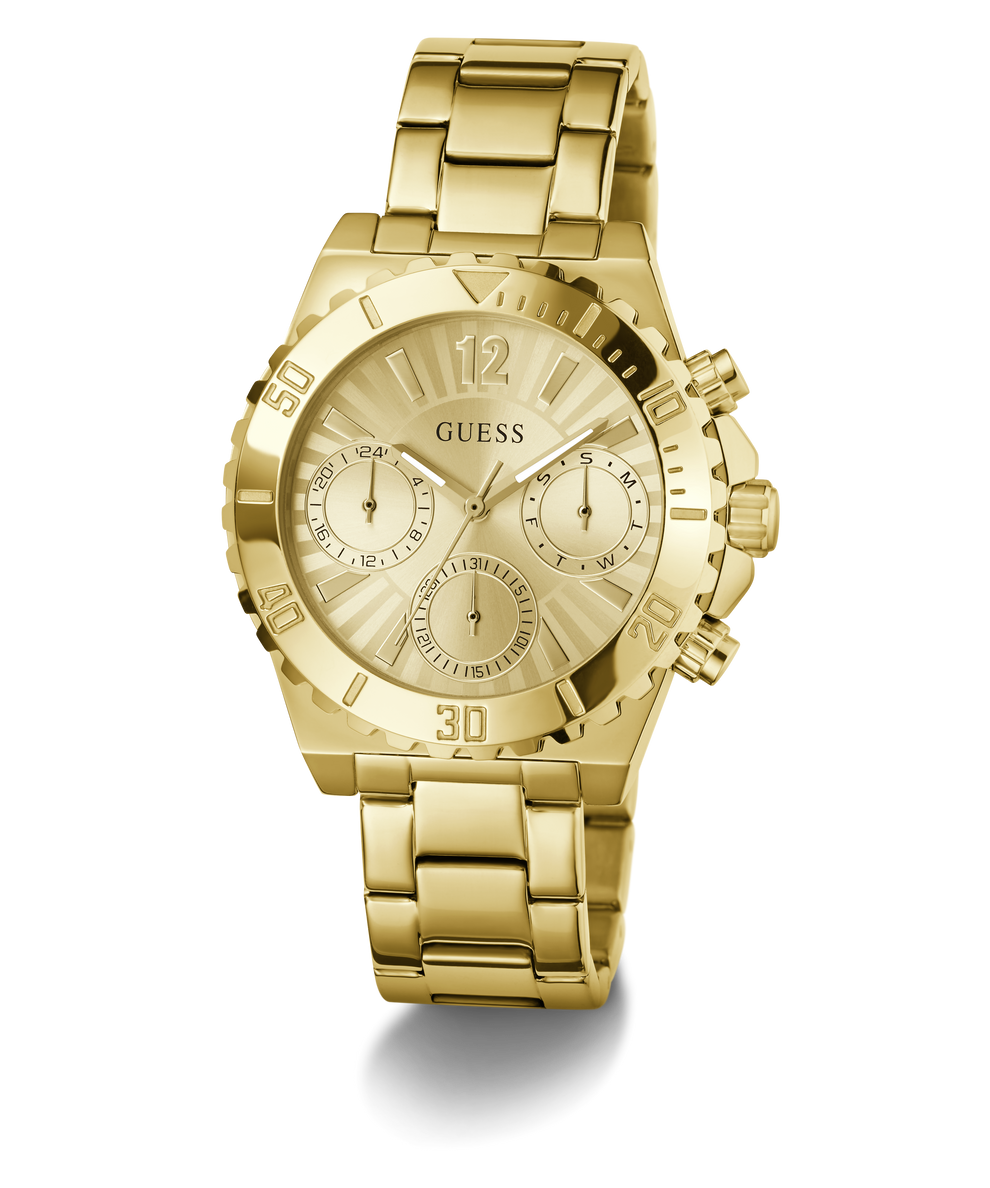 Gold watch with Guess logo on a white background