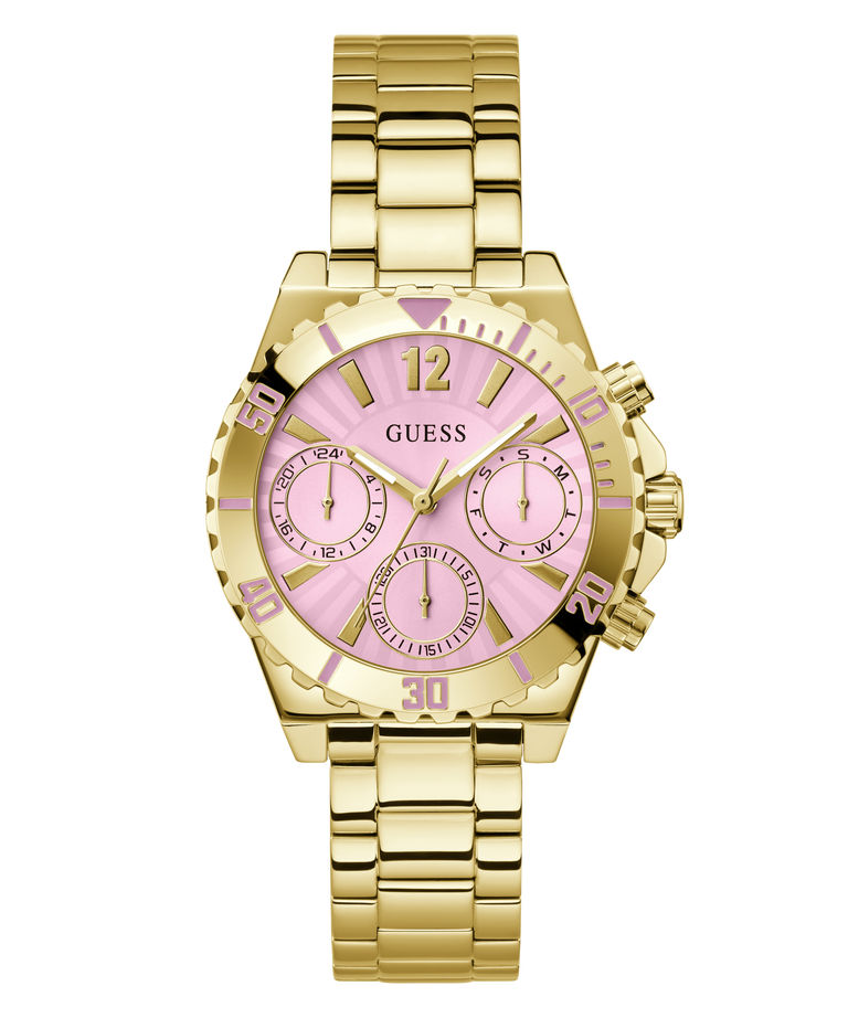 Gold-tone Guess women's watch with a pink dial and matching pink subdials, featuring a gold-tone stainless steel link bracelet on a white background.