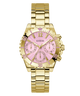 Gold-tone Guess women's watch with a pink dial and matching pink subdials, featuring a gold-tone stainless steel link bracelet on a white background.