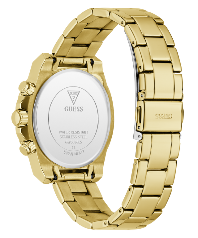 Gold-tone stainless steel watch shown from the back, featuring a multi-link bracelet, side pushers, and a clear back cover with GUESS branding and technical specifications.