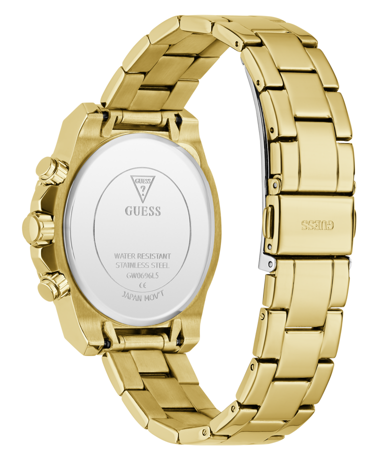 Gold-tone stainless steel watch shown from the back, featuring a multi-link bracelet, side pushers, and a clear back cover with GUESS branding and technical specifications.