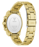Gold-tone stainless steel watch shown from the back, featuring a multi-link bracelet, side pushers, and a clear back cover with GUESS branding and technical specifications.