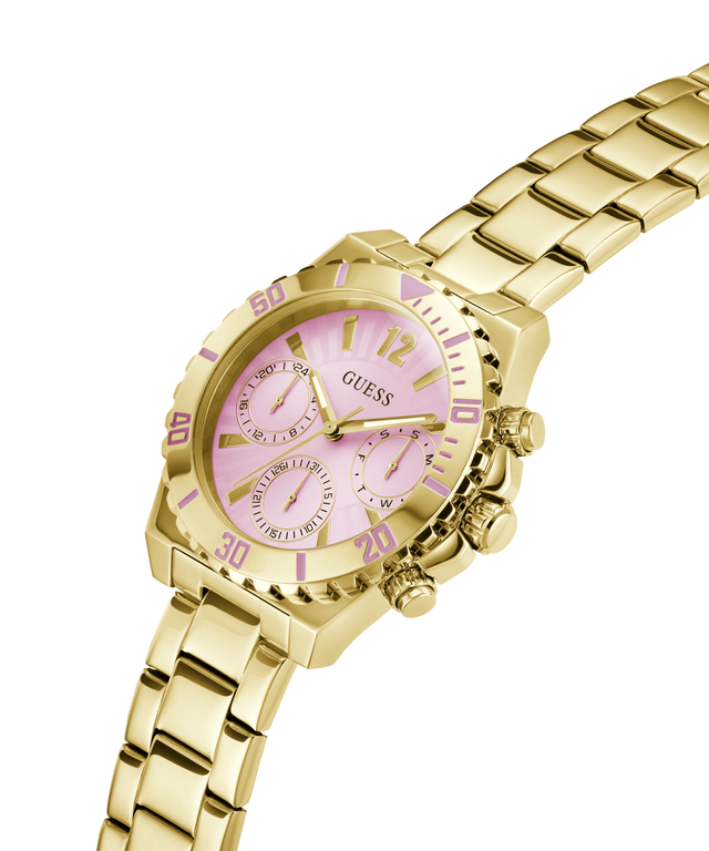 Gold-tone stainless steel watch with a pink dial and matching pink hour markers, featuring three subdials and a gold-tone link bracelet, shown on a white background. lifestyle