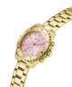 Gold-tone stainless steel watch with a pink dial and matching pink hour markers, featuring three subdials and a gold-tone link bracelet, shown on a white background. lifestyle