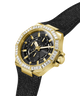 A gold-tone GUESS watch with a black dial, black bezel, and a textured black strap, shown on a plain white background. lifestyle