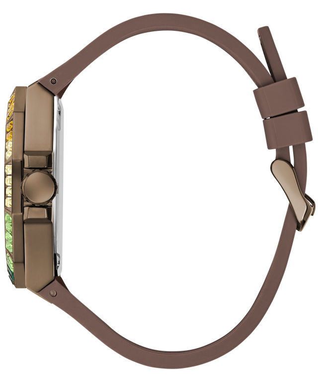 A side profile view of a luxury watch featuring a matte brown silicone strap, a bronze-toned case, and a bezel accented with green and yellow diamonds.