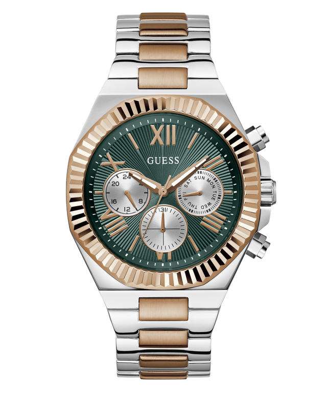 A GUESS women's chronograph watch featuring a green sunburst dial, a fluted rose gold-tone bezel, and a two-tone silver and rose gold stainless steel link bracelet, shown on a white background.