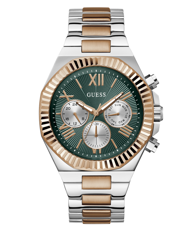A GUESS women's chronograph watch featuring a green sunburst dial, a fluted rose gold-tone bezel, and a two-tone silver and rose gold stainless steel link bracelet, shown on a white background.