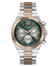 A GUESS women's chronograph watch featuring a green sunburst dial, a fluted rose gold-tone bezel, and a two-tone silver and rose gold stainless steel link bracelet, shown on a white background.