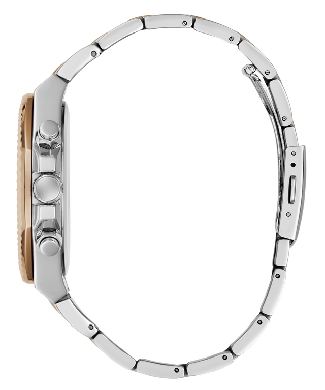 Close-up side profile of a wristwatch with a polished silver-tone metal link bracelet and a small gold-toned accent visible on the case, shown on a plain white background.