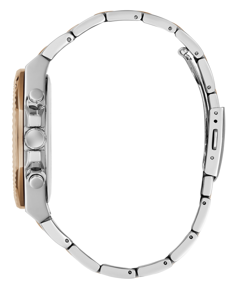 Close-up side profile of a wristwatch with a polished silver-tone metal link bracelet and a small gold-toned accent visible on the case, shown on a plain white background.
