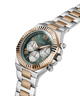 A Guess men's analog watch with a green dial, fluted rose gold bezel, and a two-tone silver and rose gold stainless steel link bracelet, shown on a white background. lifestyle