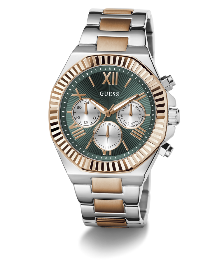 A GUESS men's chronograph watch featuring a two-tone silver and rose gold stainless steel bracelet, a fluted rose gold bezel, and a dark green dial with silver sub-dials.