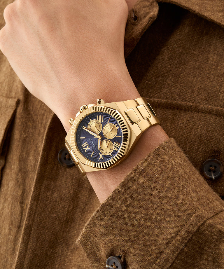 Guess Gents Equity Blue Dial, Gold Tone Case & band Multi-Fumction Watch - GW0703G6 GUESS Guess Gents Equity Blue Dial, Gold Tone Case & band Multi-Fumction Watch - GW0703G6 GUESS