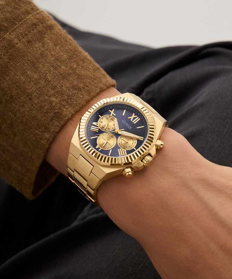 Guess Gents Equity Blue Dial, Gold Tone Case & band Multi-Fumction Watch - GW0703G6 GUESS Guess Gents Equity Blue Dial, Gold Tone Case & band Multi-Fumction Watch - GW0703G6 GUESS