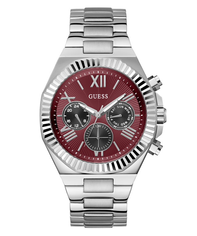 GUESS Mens Equity Silver Tone Analog Watch with a red face and Guess branding on a white background