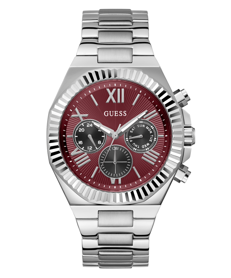 GUESS Mens Equity Silver Tone Analog Watch with a red face and Guess branding on a white background