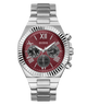 GUESS Mens Equity Silver Tone Analog Watch with a red face and Guess branding on a white background