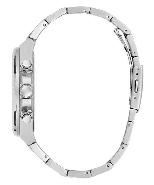 Close-up of a silver watch band on a white background