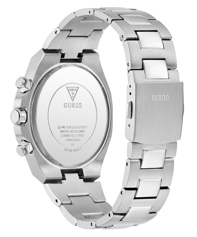 Silver Guess watch with a detailed back view on a white background