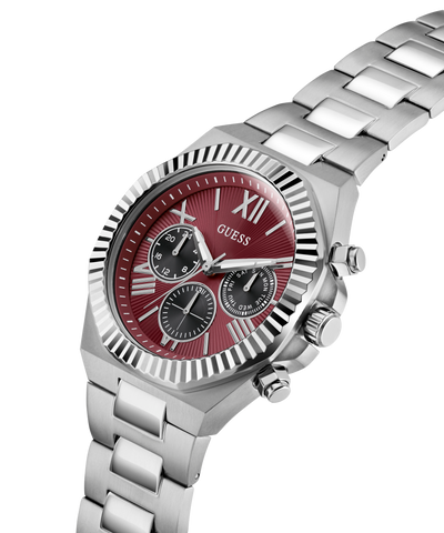 Silver GUESS Mens Equity Silver Tone Analog Watch with a red face on a white background lifestyle
