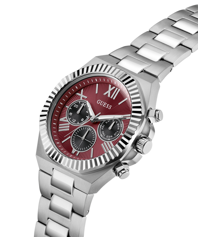Silver GUESS Mens Equity Silver Tone Analog Watch with a red face on a white background lifestyle