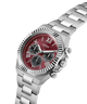 Silver GUESS Mens Equity Silver Tone Analog Watch with a red face on a white background lifestyle