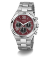 GUESS Mens Equity Silver Tone Analog Watch with a red face on a white background