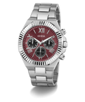 GUESS Mens Equity Silver Tone Analog Watch with a red face on a white background