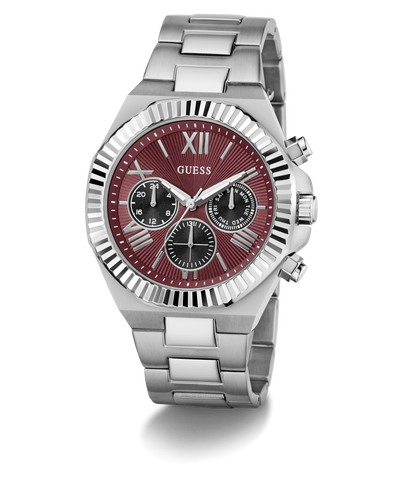 GUESS Mens Equity Silver Tone Analog Watch with a red face on a white background