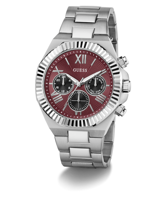 GUESS Mens Equity Silver Tone Analog Watch with a red face on a white background
