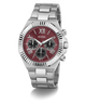 GUESS Mens Equity Silver Tone Analog Watch with a red face on a white background