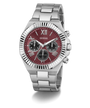 GUESS Mens Equity Silver Tone Analog Watch with a red face on a white background
